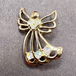 Angel Brooch Pin Gold Tone with Aurora Borealis Rhinestones